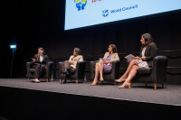 Erin O'Hern (far left) and Nina Schindler (second to right) discuss similar advocacy challenges